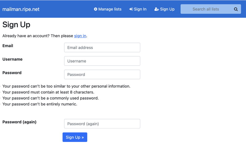 Mailman 3 interface sign up